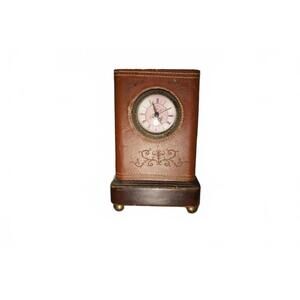 Vintage Desk Mantel Clock with Brown Leather and Brass Accents